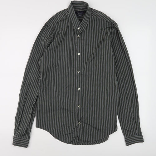 Zara Men Slim Fit Green Striped Long Sleeve Shirt - S