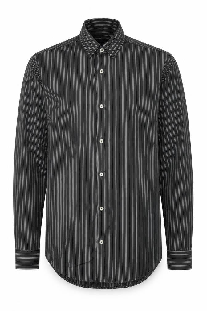 Zara Men Slim Fit Green Striped Long Sleeve Shirt - S
