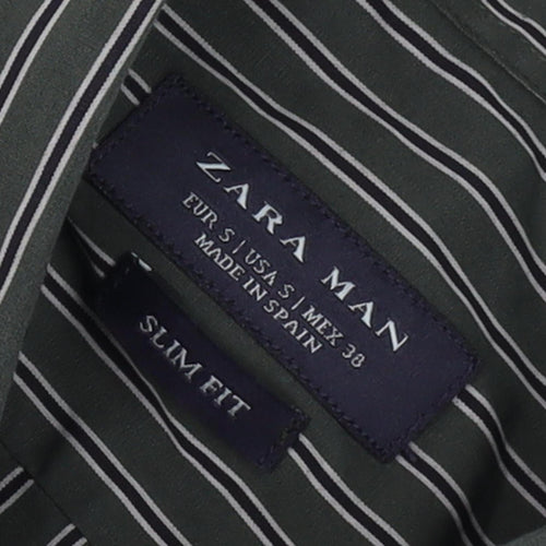 Zara Men Slim Fit Green Striped Long Sleeve Shirt - S