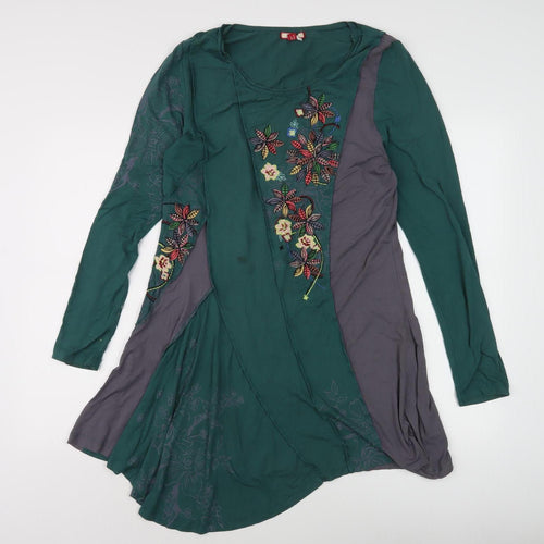 Women's Green Floral Embroidered Asymmetric Dress