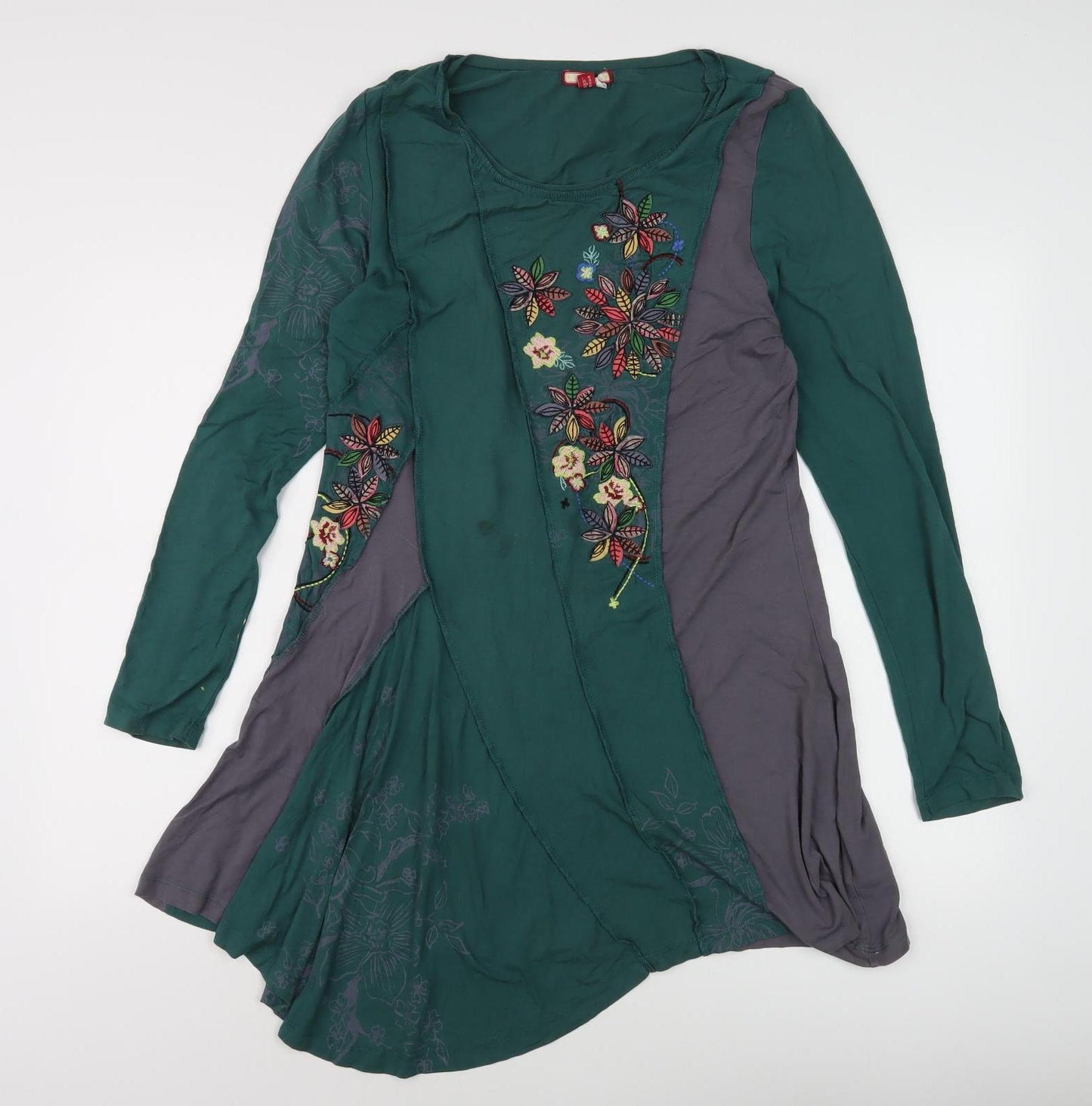 Women's Green Floral Embroidered Asymmetric Dress