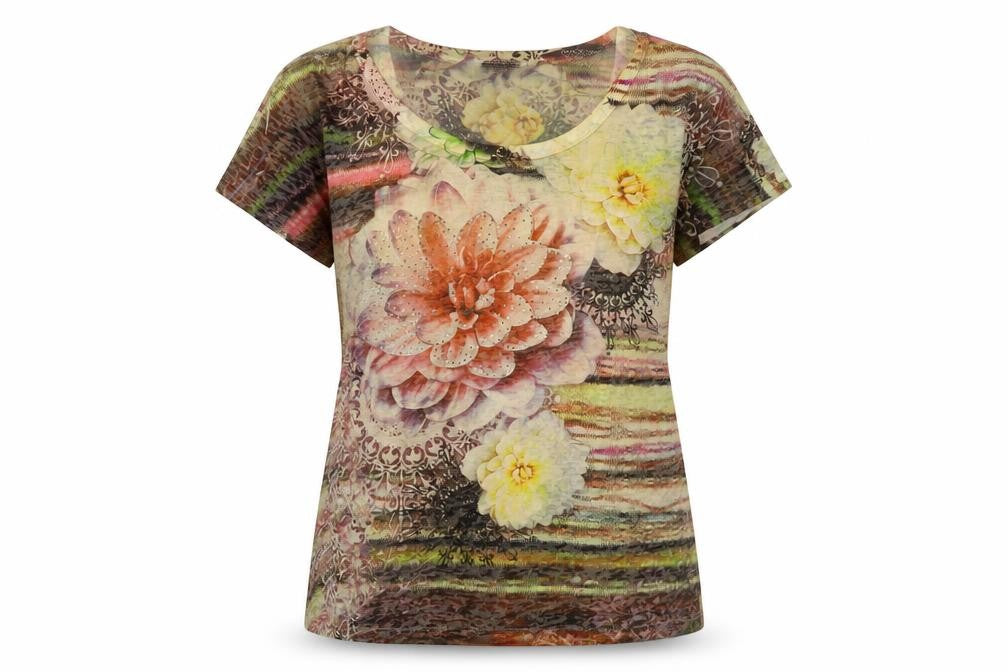 Klass Women's Multicoloured Floral T-Shirt, Size M, Rhinestone Accent