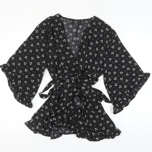 AX Paris Women's Black Floral Wrap Blouse, Size 14