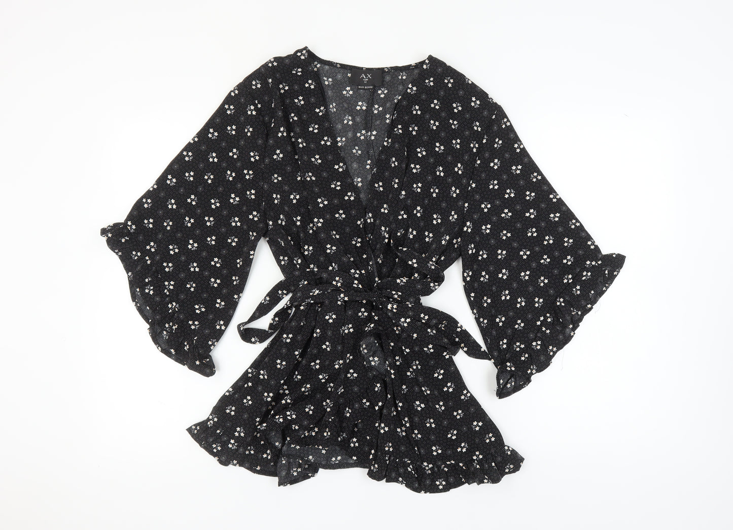 AX Paris Women's Black Floral Wrap Blouse, Size 14