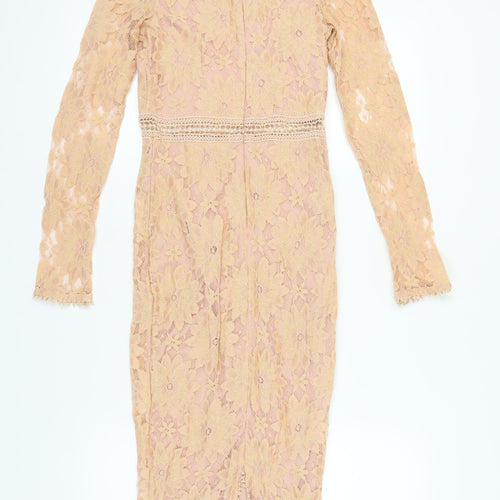 PrettyLittleThing Women's Beige Lace Dress, Size 6, Long Sleeve