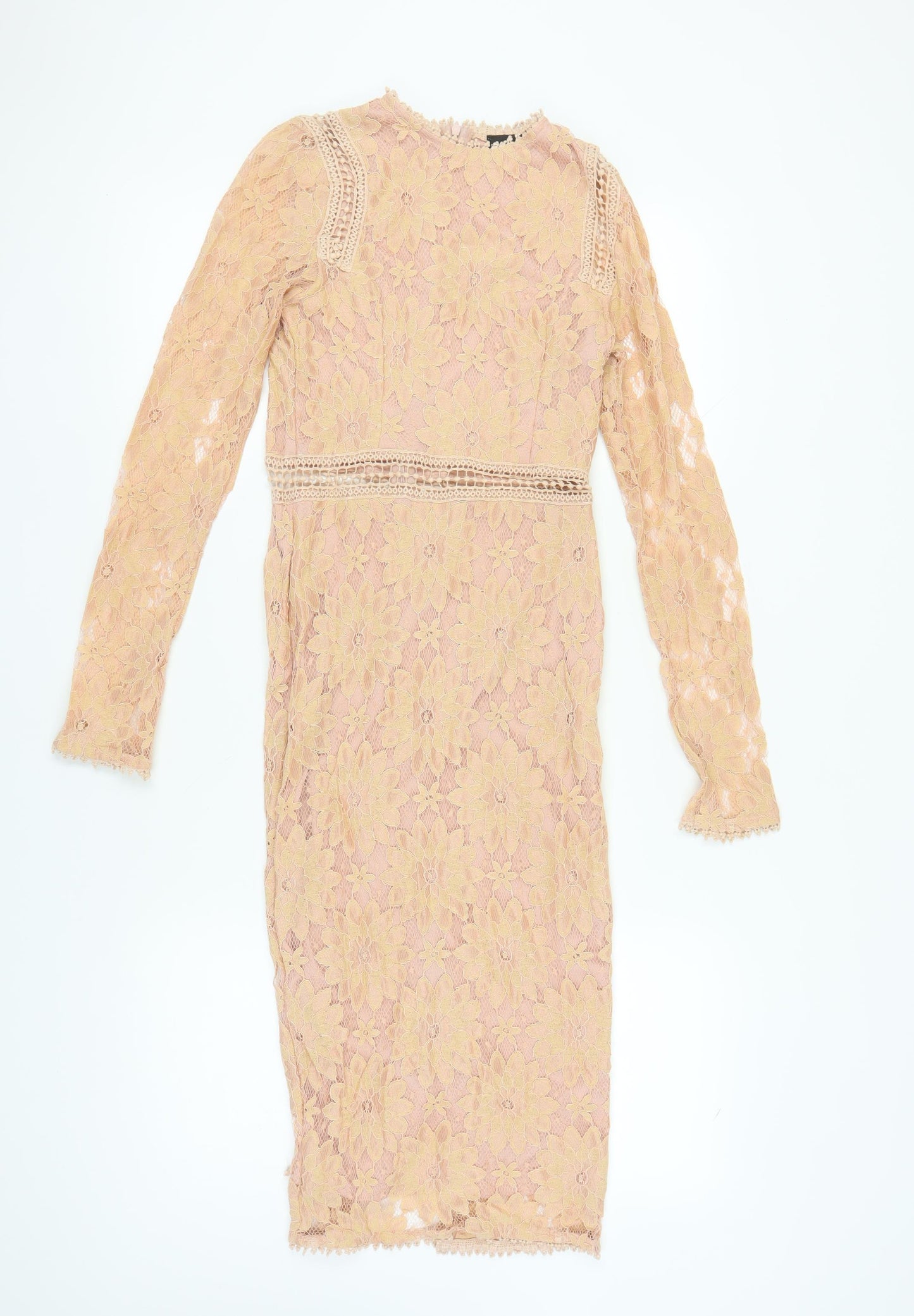 PrettyLittleThing Women's Beige Lace Dress, Size 6, Long Sleeve