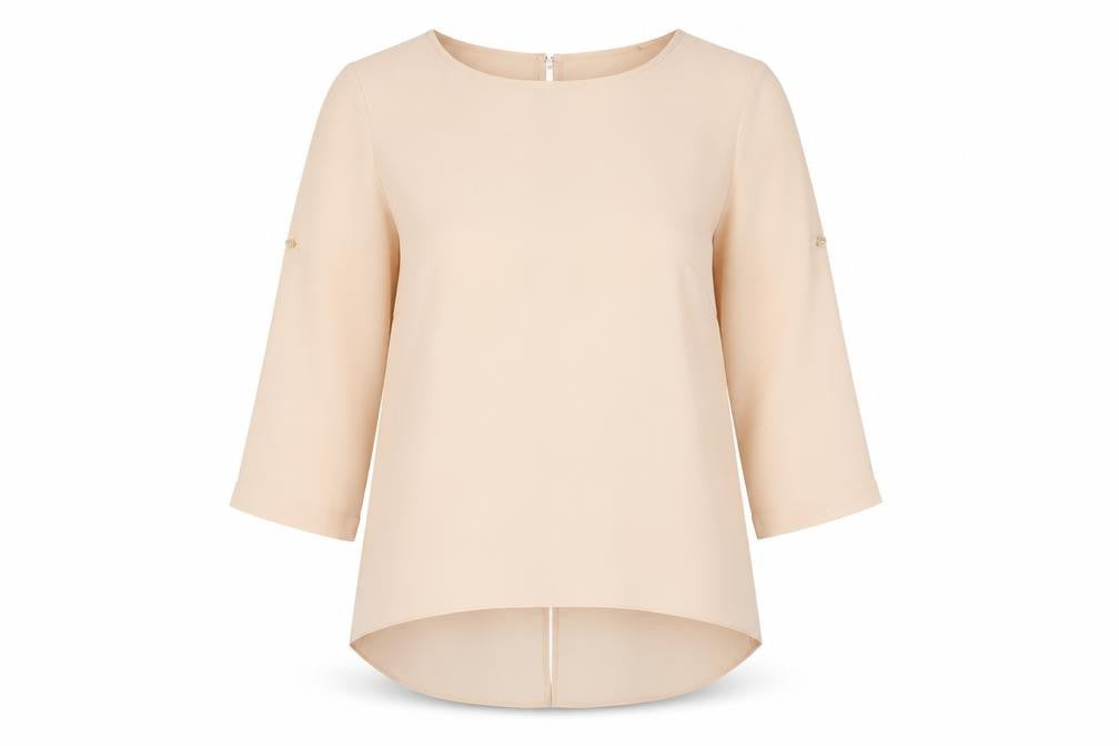 Front view of Oasis Women's Beige 3/4 Sleeve Blouse, size 8
