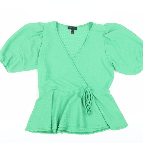 New Look Women's Green Wrap Blouse, Size 12, Puff Sleeves