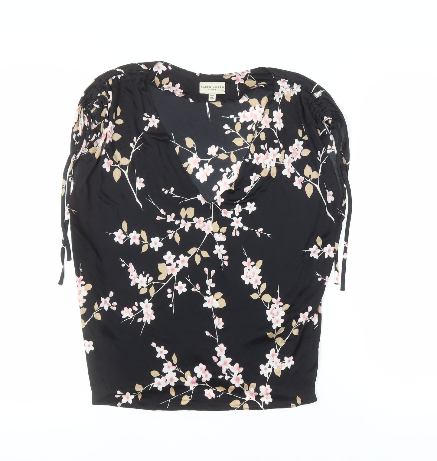 Karen Millen Women's Black Floral V-Neck Top - Size 12