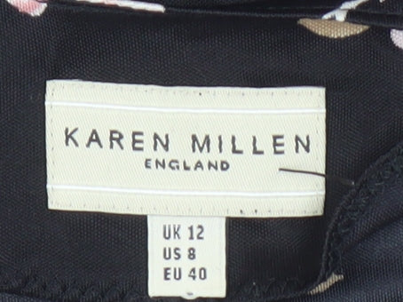 Karen Millen Women's Black Floral V-Neck Top - Size 12