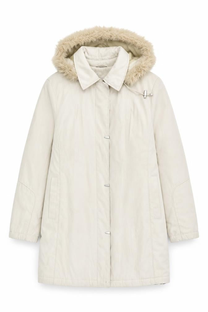 Front view of Klass Beige Fur Hooded Women's Long Coat, size M