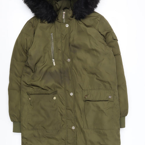 River Island Girls Green 11 Years Parka Coat Fur Trim