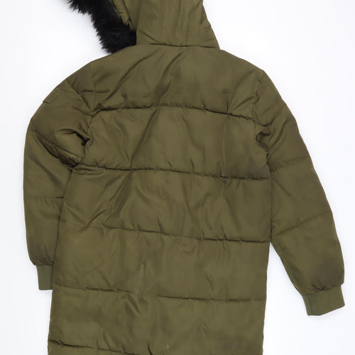 River Island Girls Green 11 Years Parka Coat Fur Trim