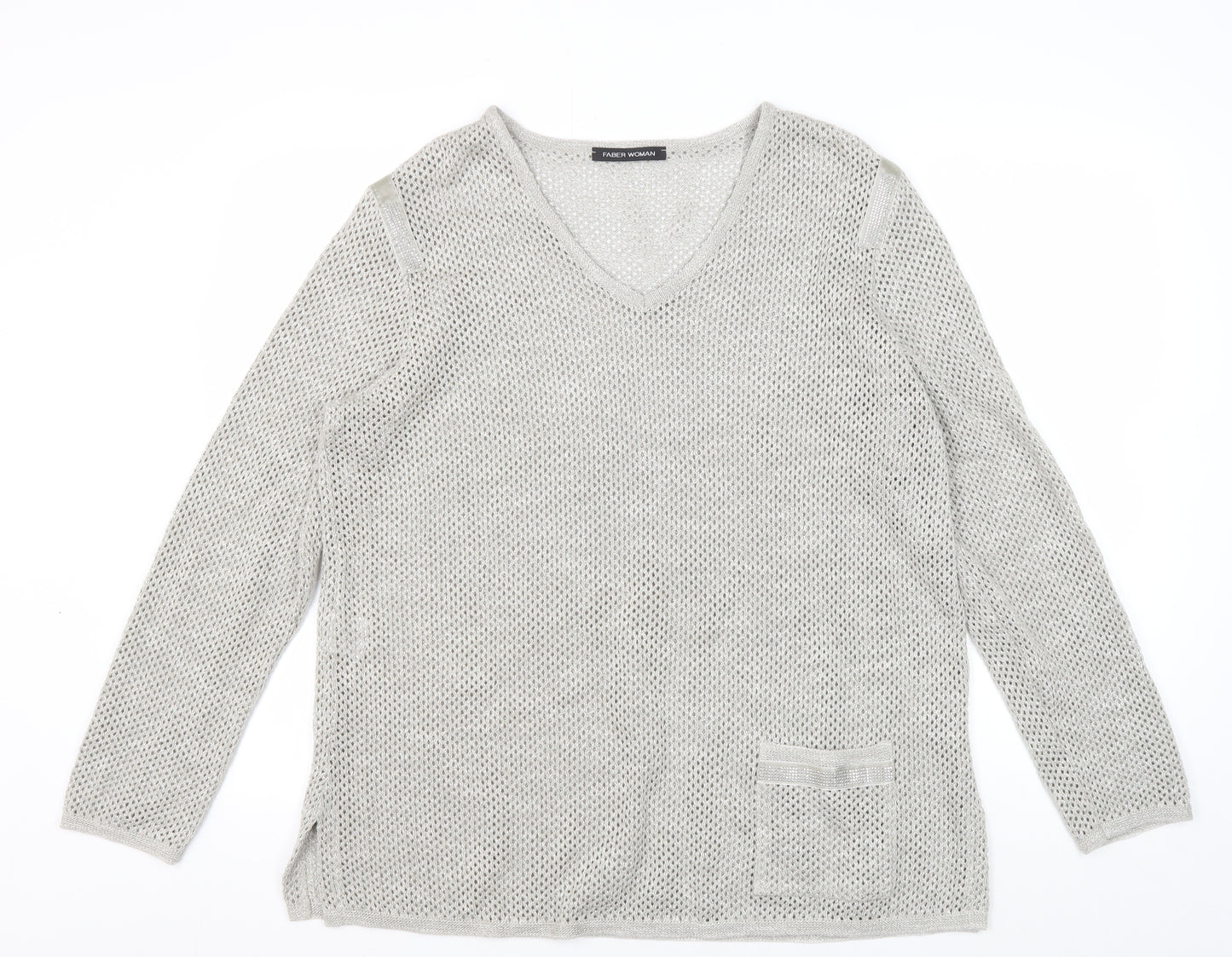 Faber Woman Grey V-Neck Knit Jumper Size 18