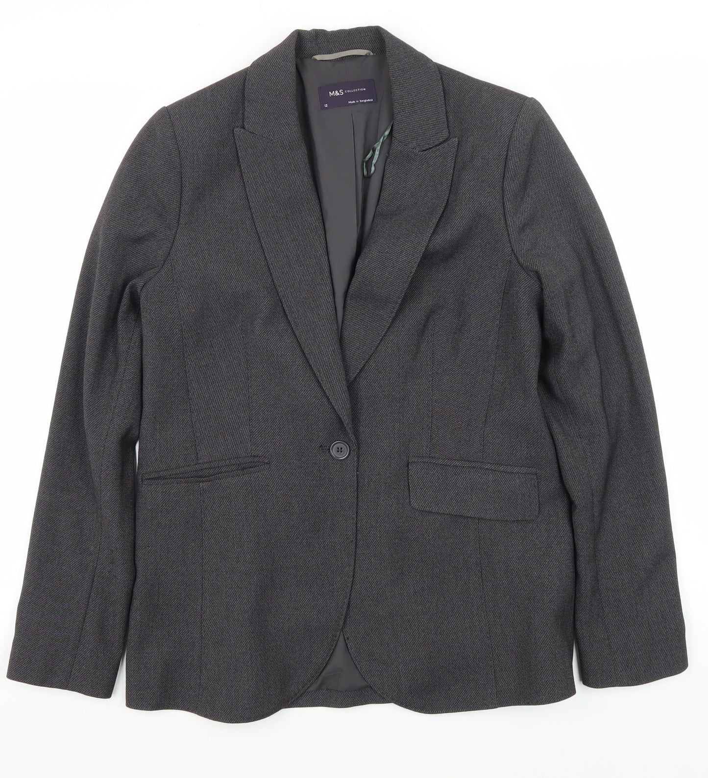 Marks and Spencer Women's Grey Blazer, Size 12, Single-Breasted