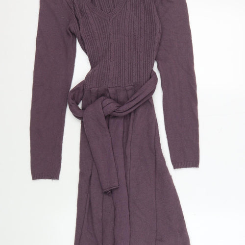 e-WOMAN Women's Purple Knit Dress, S, V-Neck, Belted