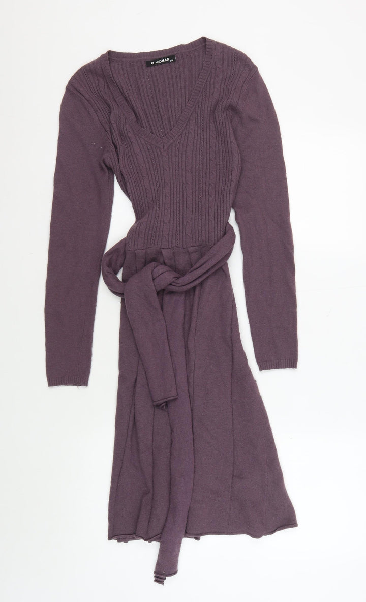 e-WOMAN Women's Purple Knit Dress, S, V-Neck, Belted