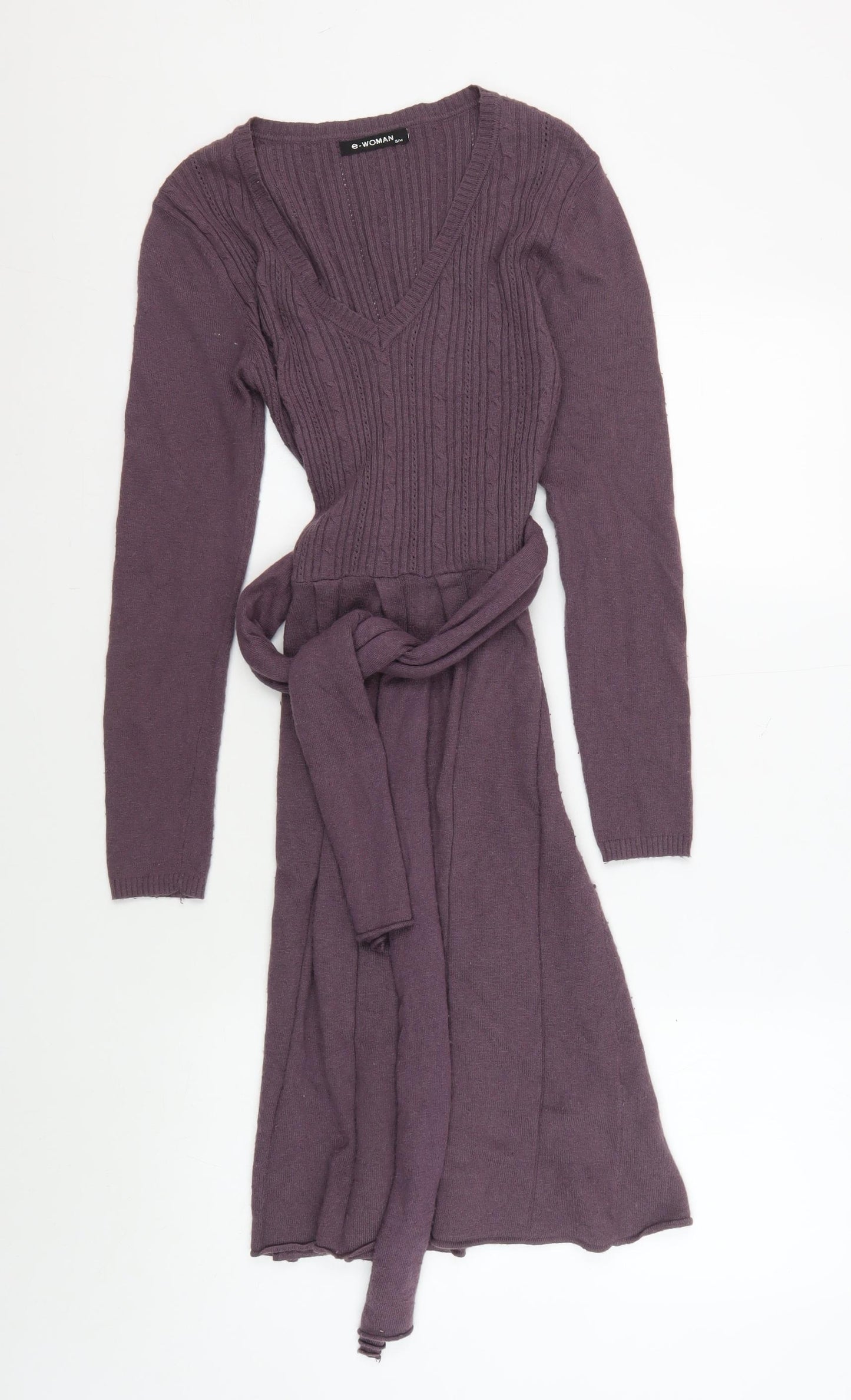 e-WOMAN Women's Purple Knit Dress, S, V-Neck, Belted