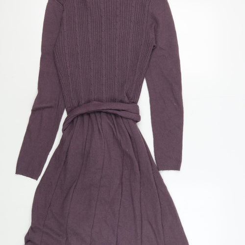 e-WOMAN Women's Purple Knit Dress, S, V-Neck, Belted