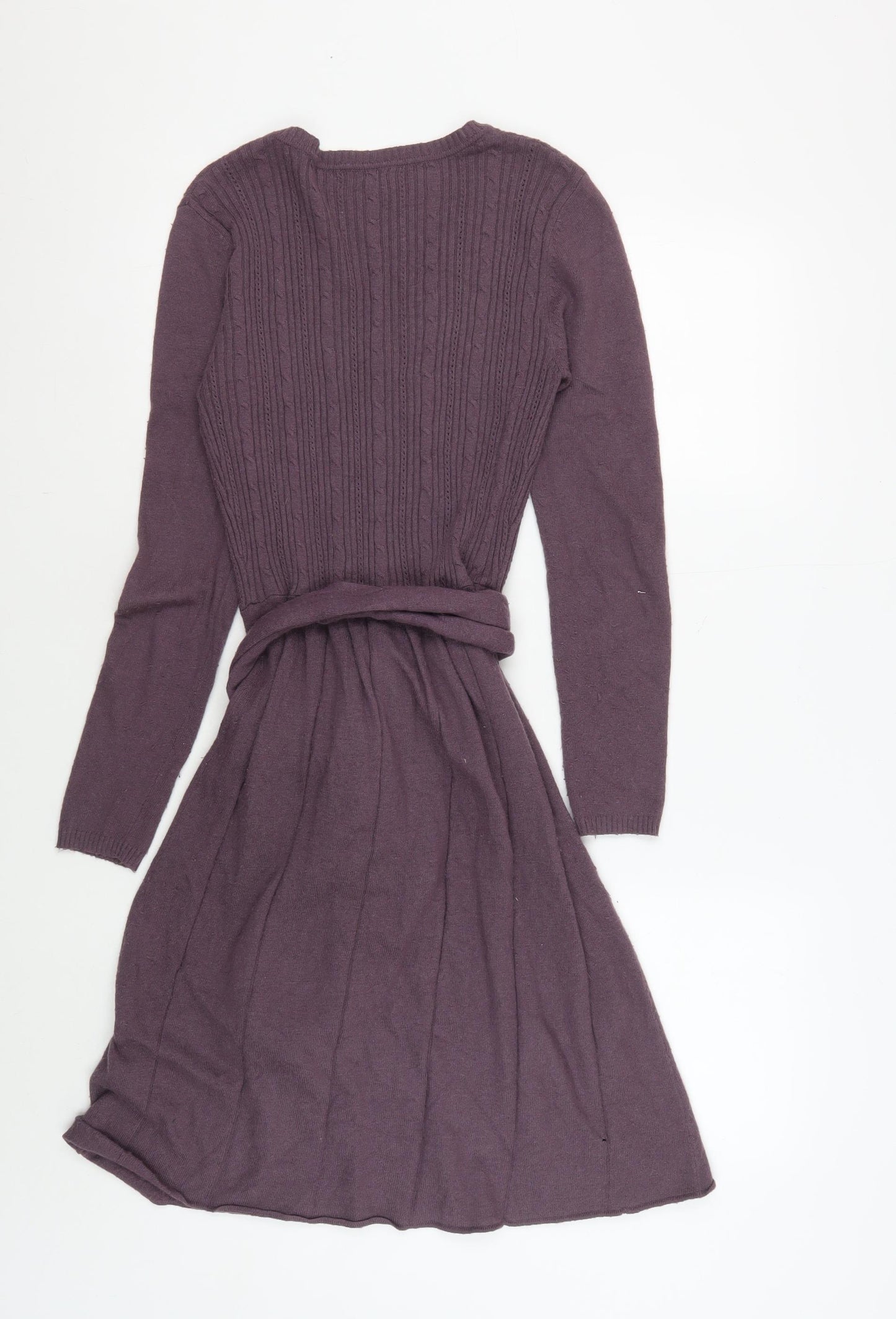 e-WOMAN Women's Purple Knit Dress, S, V-Neck, Belted