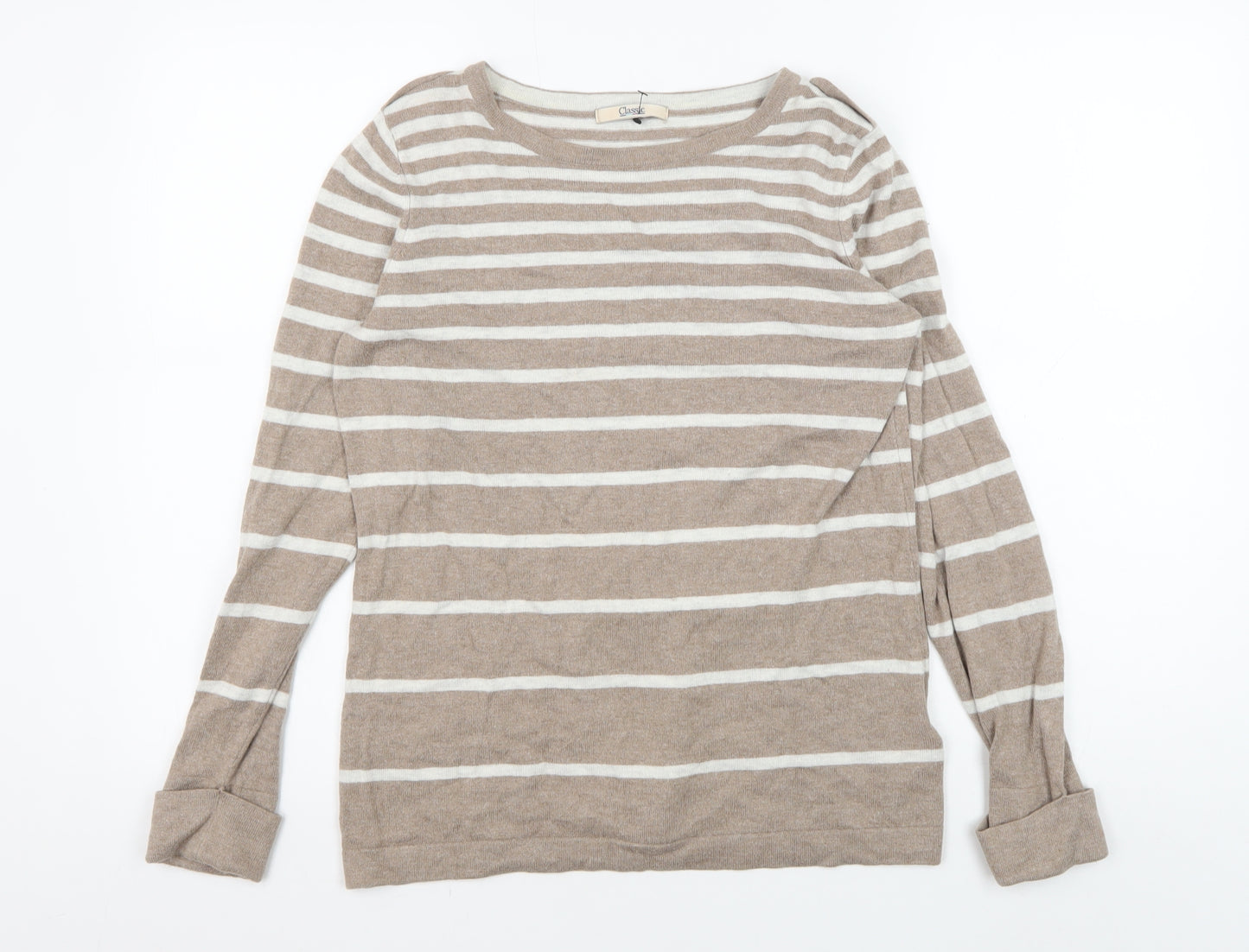 Marks and Spencer Women's Beige Striped Pullover Jumper Size 14