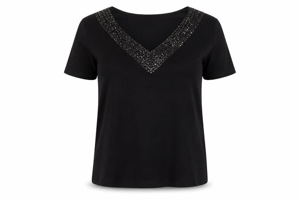 Front view of EWM Pure Classics Black Sequin Women's T-Shirt, size 10-12