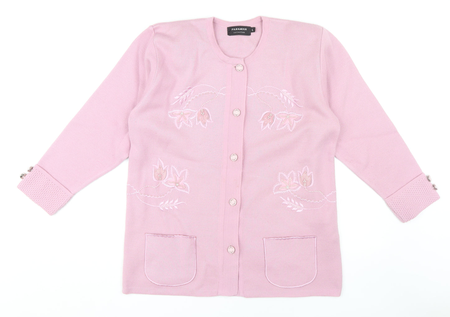 Paramour Pink Women's Large Cardigan with Floral Embroidery