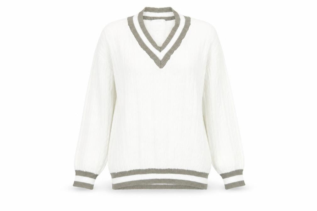 Front view of Damart Women's White V-Neck Cable-Knit Jumper, size 12/14