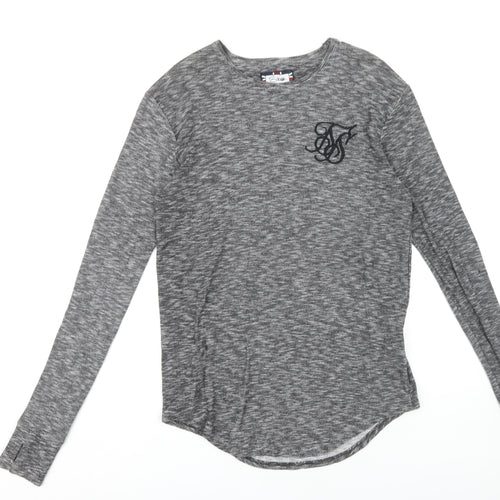 SikSilk Men's Grey Long Sleeve Logo T-Shirt, Medium
