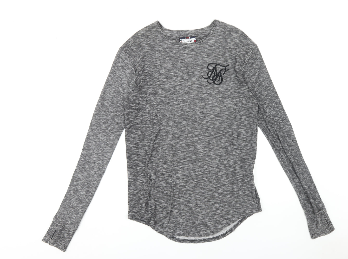 SikSilk Men's Grey Long Sleeve Logo T-Shirt, Medium