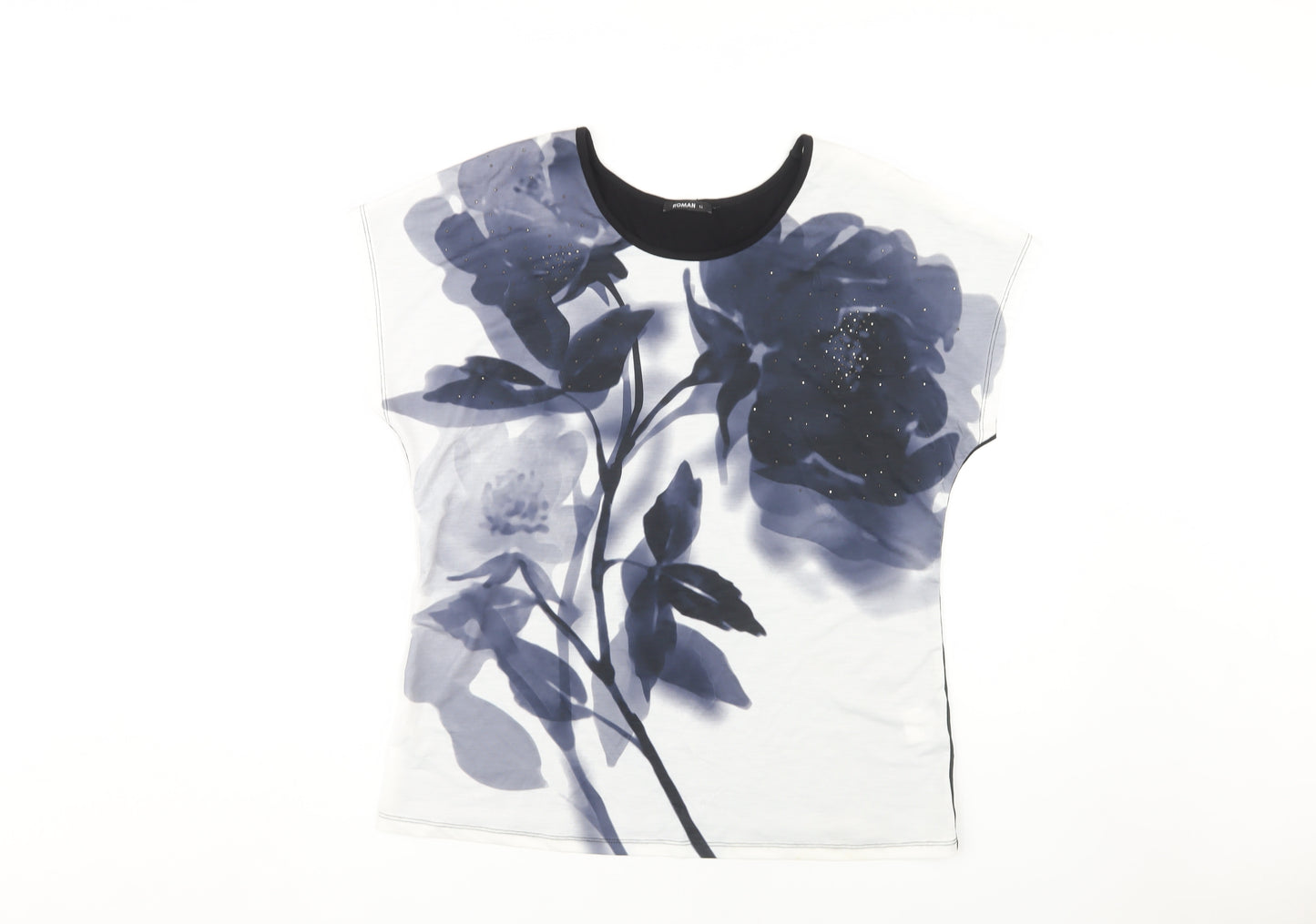 Roman Women's Floral Top, Size 12, Black/White, Cap Sleeve