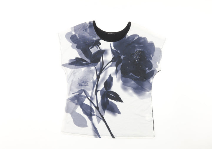 Roman Women's Floral Top, Size 12, Black/White, Cap Sleeve