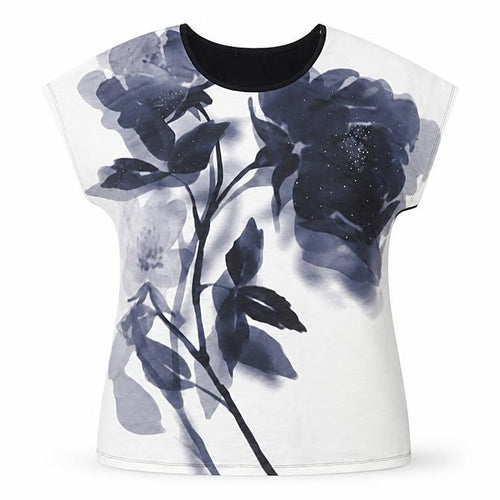 Roman Women's Floral Top, Size 12, Black/White, Cap Sleeve