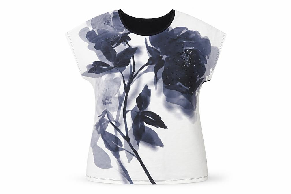 Roman Women's Floral Top, Size 12, Black/White, Cap Sleeve