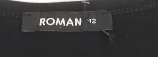 Roman Women's Floral Top, Size 12, Black/White, Cap Sleeve