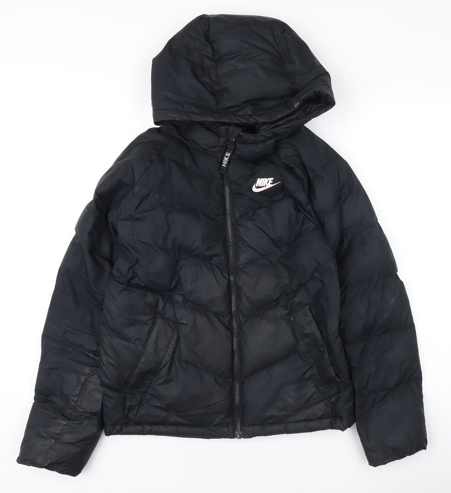 Nike Women's Black Puffer Jacket L Hooded Winter