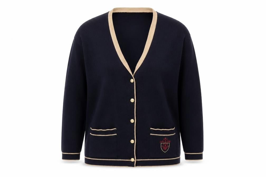 Front view of Equorian Women’s Blue Cardigan M V-Neck Wool Blend