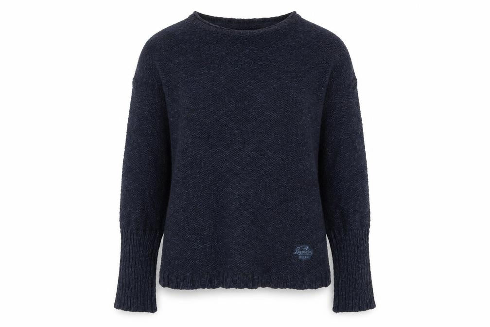Front view of Superdry women’s blue knit jumper l round neck