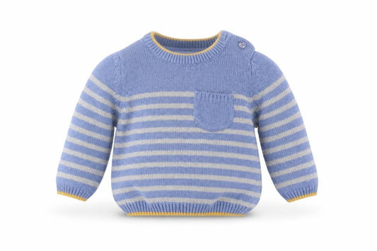 Front view of Monsoon Blue unisex baby jumper, 0-3 months