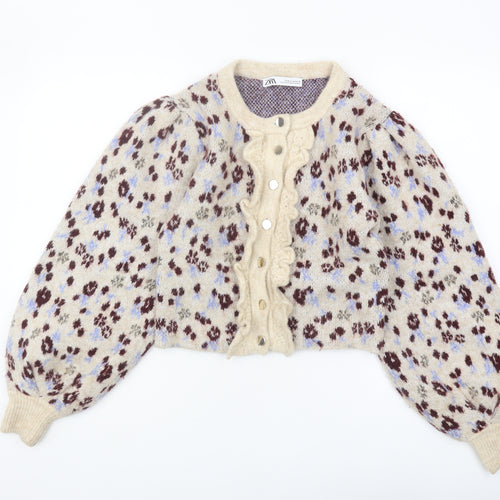 Zara Women's Beige Floral Cardigan, Size 12, Chunky-Knit