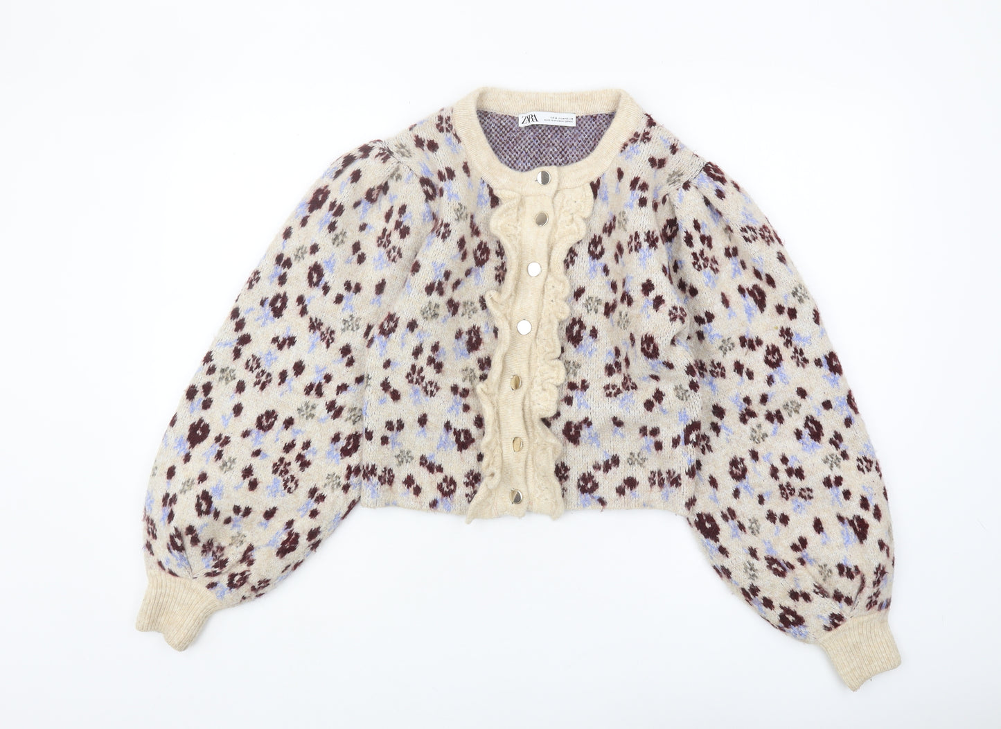 Zara Women's Beige Floral Cardigan, Size 12, Chunky-Knit