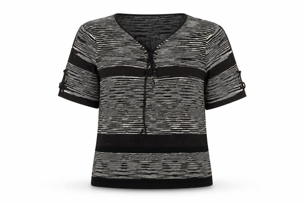 Front view of Planet Women's Black Striped V-Neck Jumper L Plus