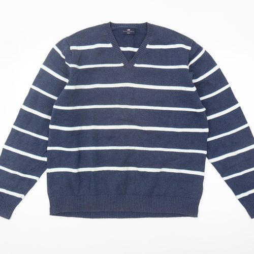 Marks & Spencer Men's Blue V-Neck Striped Jumper L
