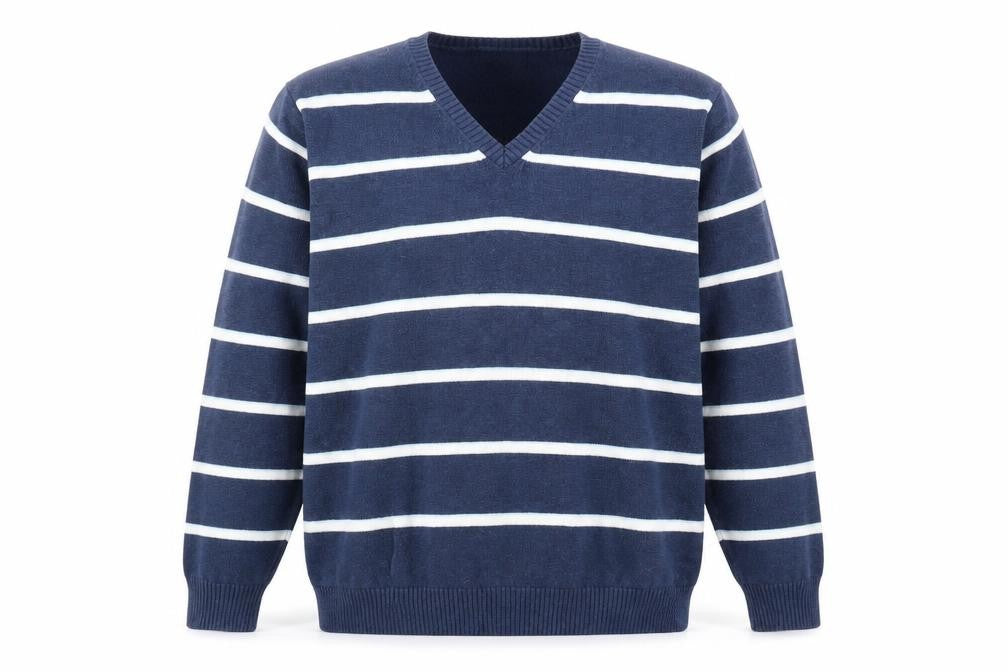 Front view of Marks & Spencer Men's Blue V-Neck Striped Jumper L