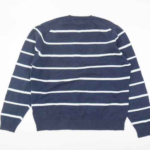 Marks & Spencer Men's Blue V-Neck Striped Jumper L