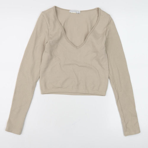 Stradivarius Women's Beige Cropped Knit T-Shirt Size S