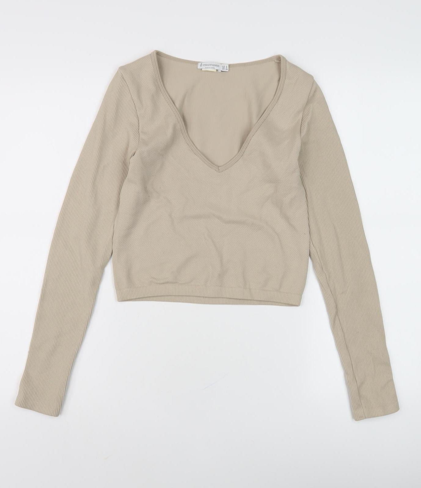 Stradivarius Women's Beige Cropped Knit T-Shirt Size S