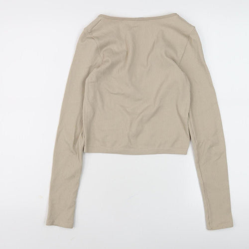 Stradivarius Women's Beige Cropped Knit T-Shirt Size S