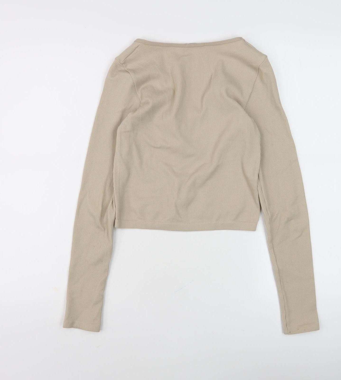 Stradivarius Women's Beige Cropped Knit T-Shirt Size S