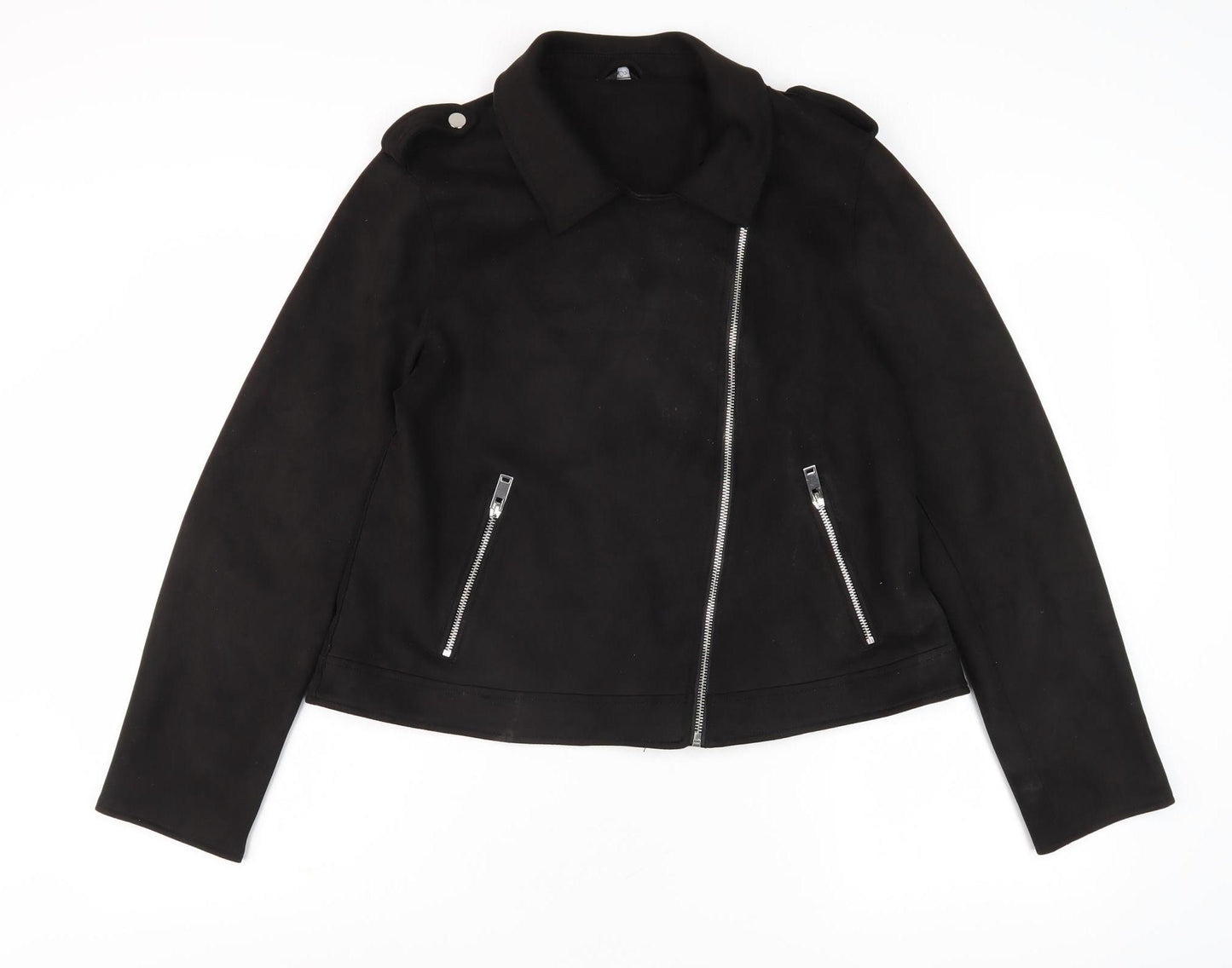 M&Co Women's Black Motorcycle Jacket - Size 14, Casual Classic